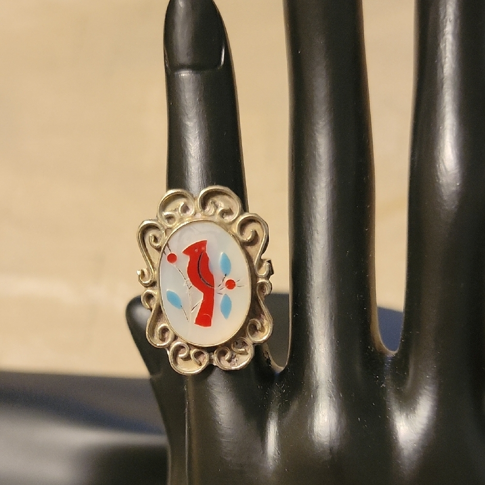 Vintage Alpaca Silver and Red Filigree Ring